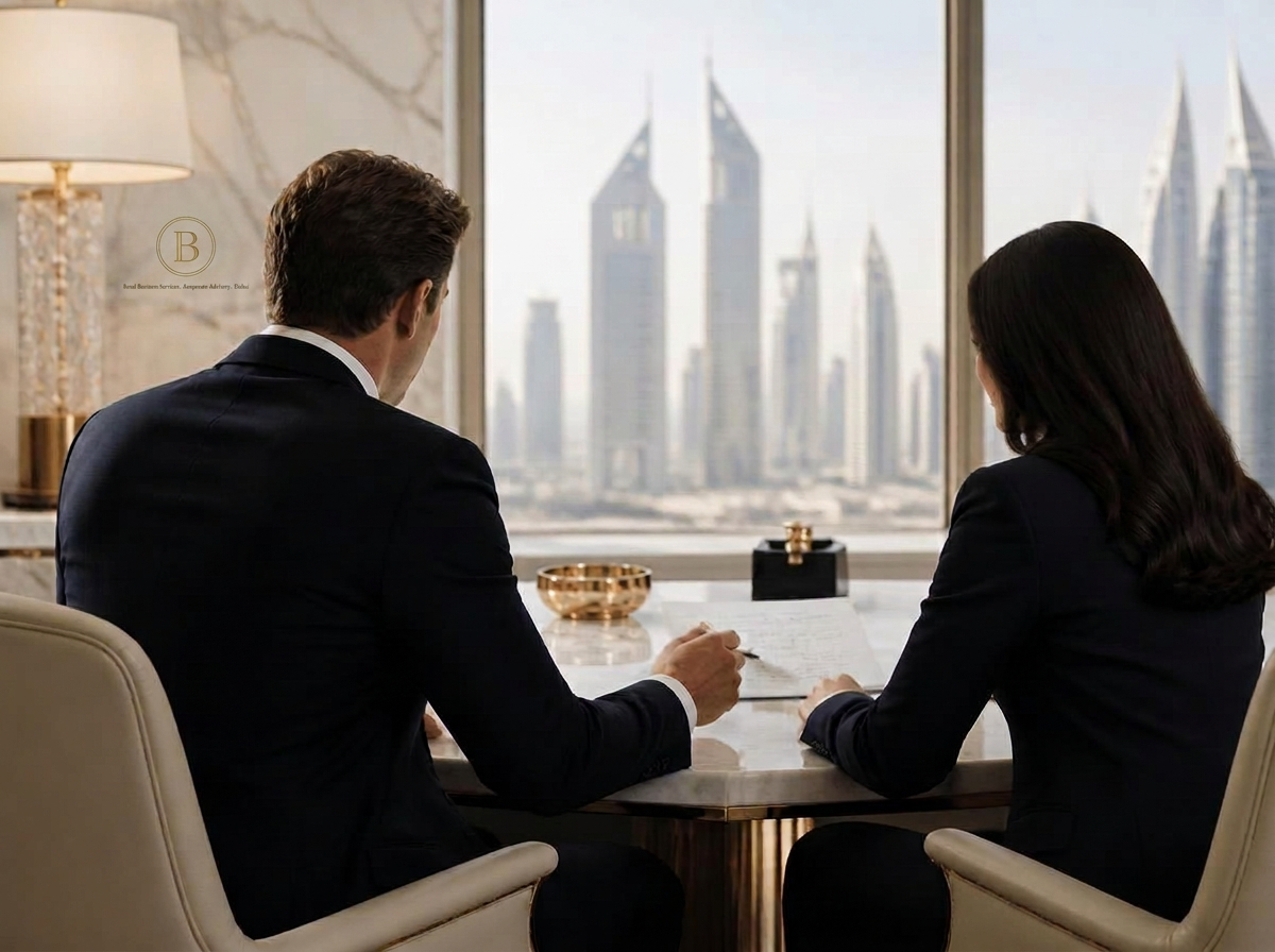 Two advisers reviewing documents at a marble table overlooking Dubai