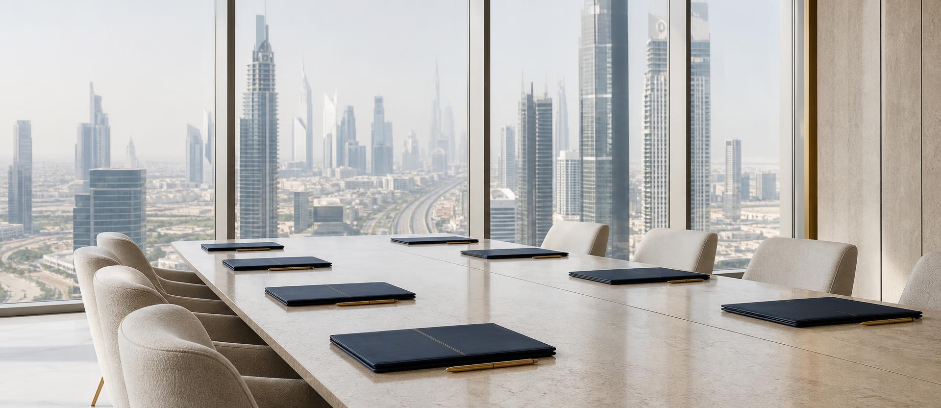 A bright Dubai boardroom with navy document folios and the Sheikh Zayed Road skyline beyond