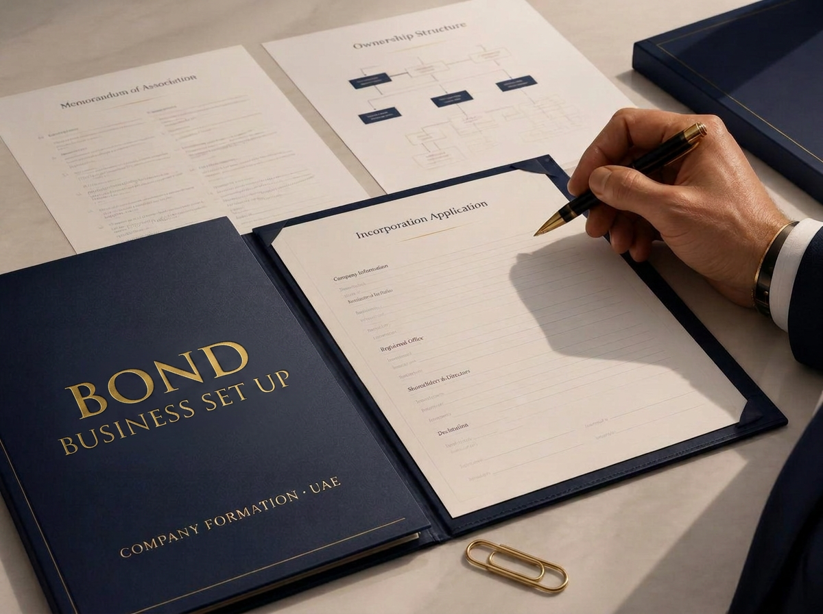 A UAE trade licence and memorandum of association beside a brass company seal and Bond folio
