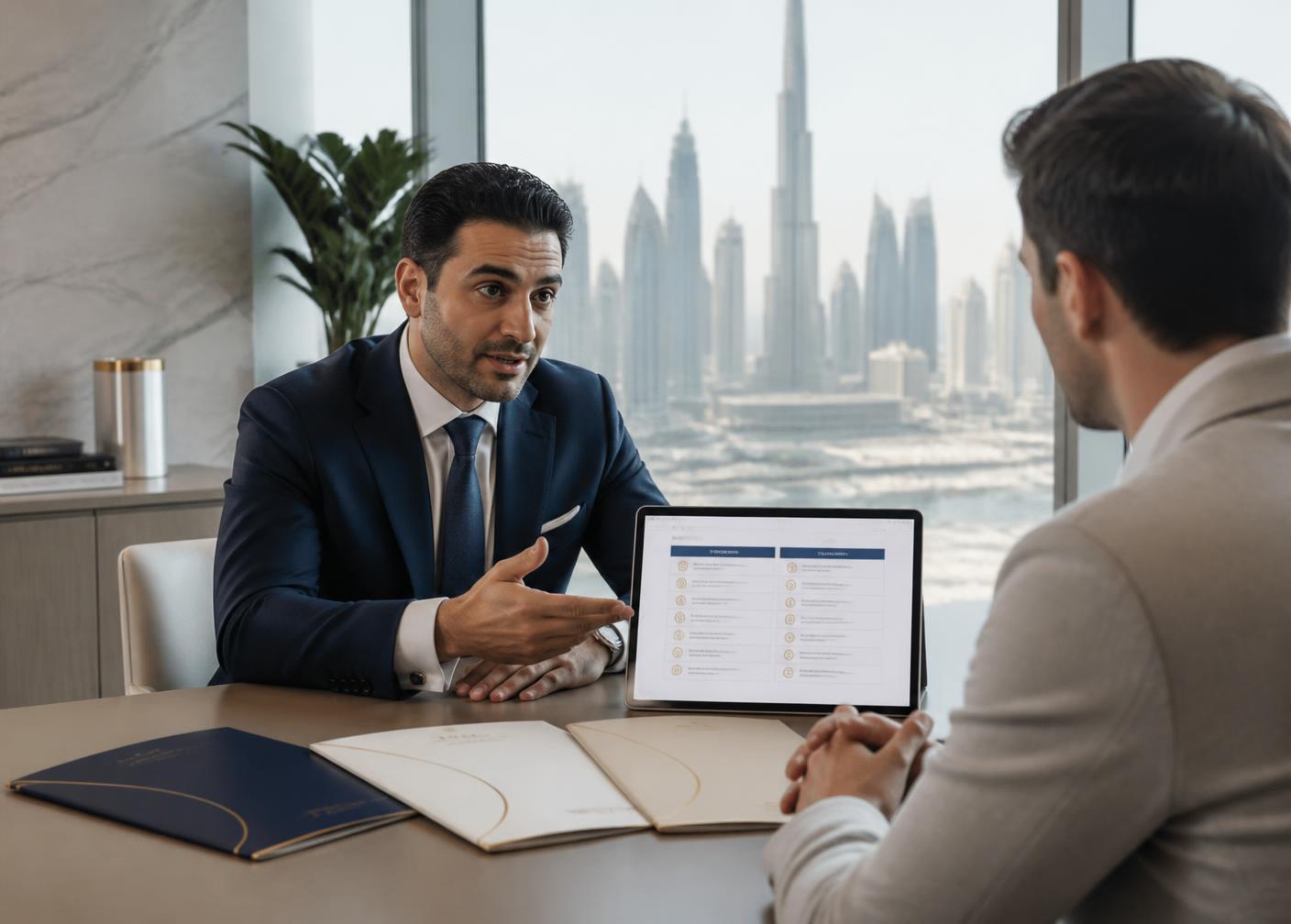 Advisory meeting room overlooking the Dubai skyline, prepared for a consultation