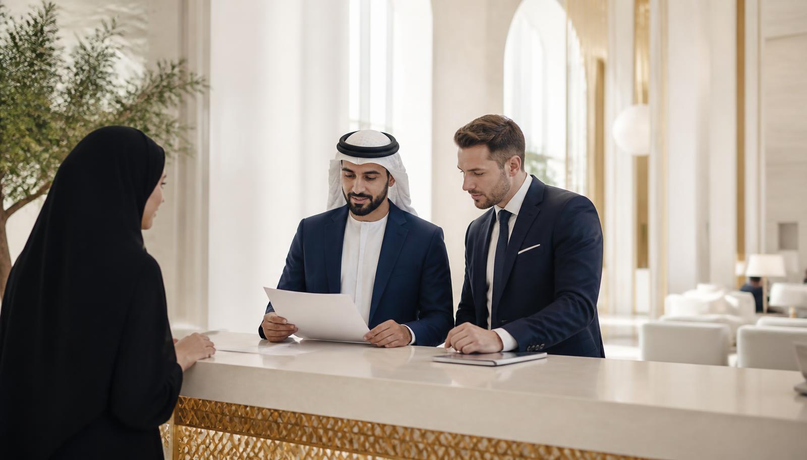 Bond advisers presenting a trade licence application at a Dubai government service counter