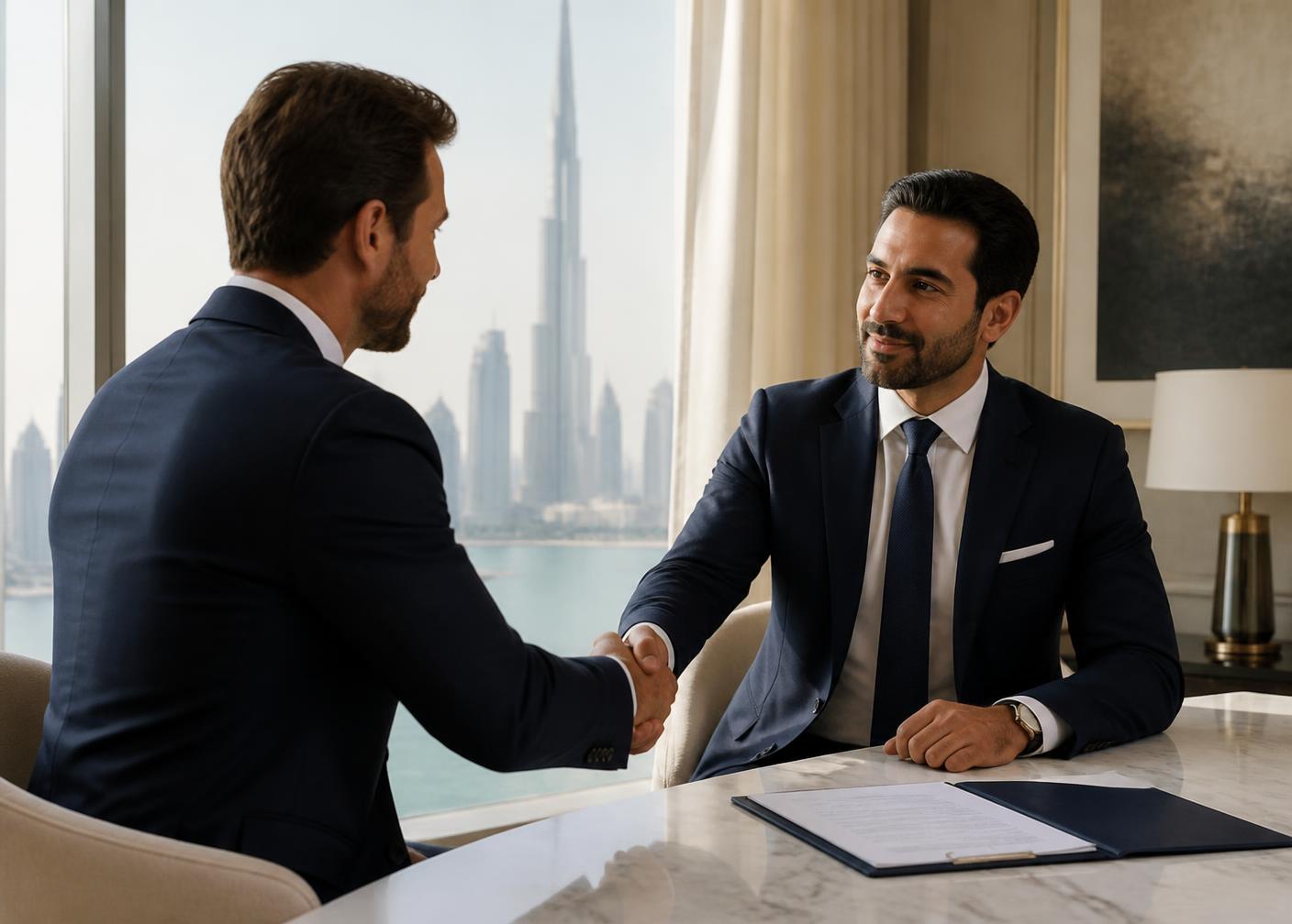A Bond adviser shaking hands with a client over completed formation documents in Dubai