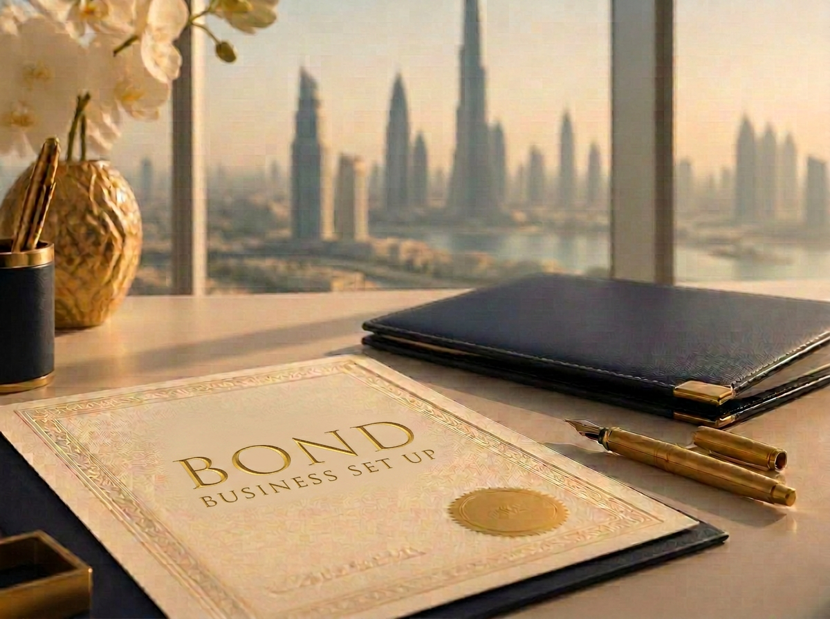 Trade licence certificate and navy folder on a Dubai desk at first light