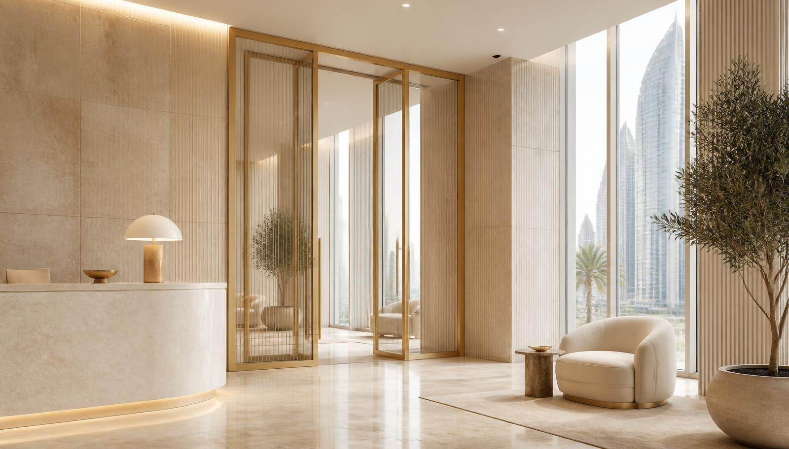 Bright limestone and gold reception of a corporate advisory office in Dubai