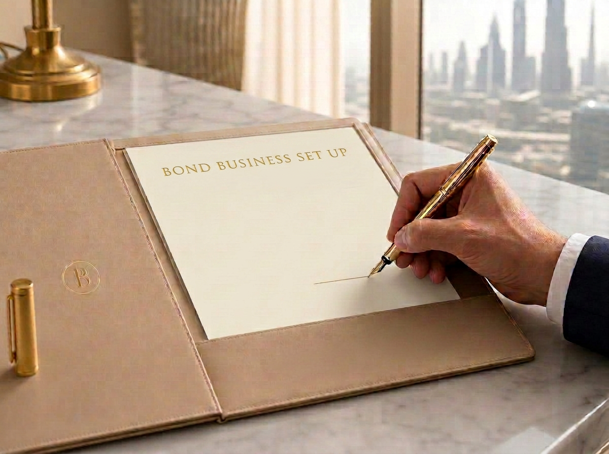 A certificate of incorporation being signed in a Bond client folder in Dubai