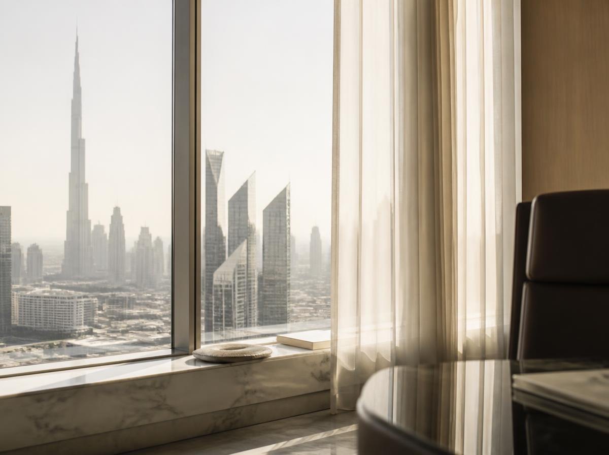 Dubai skyline seen through the window of a private corporate advisory office