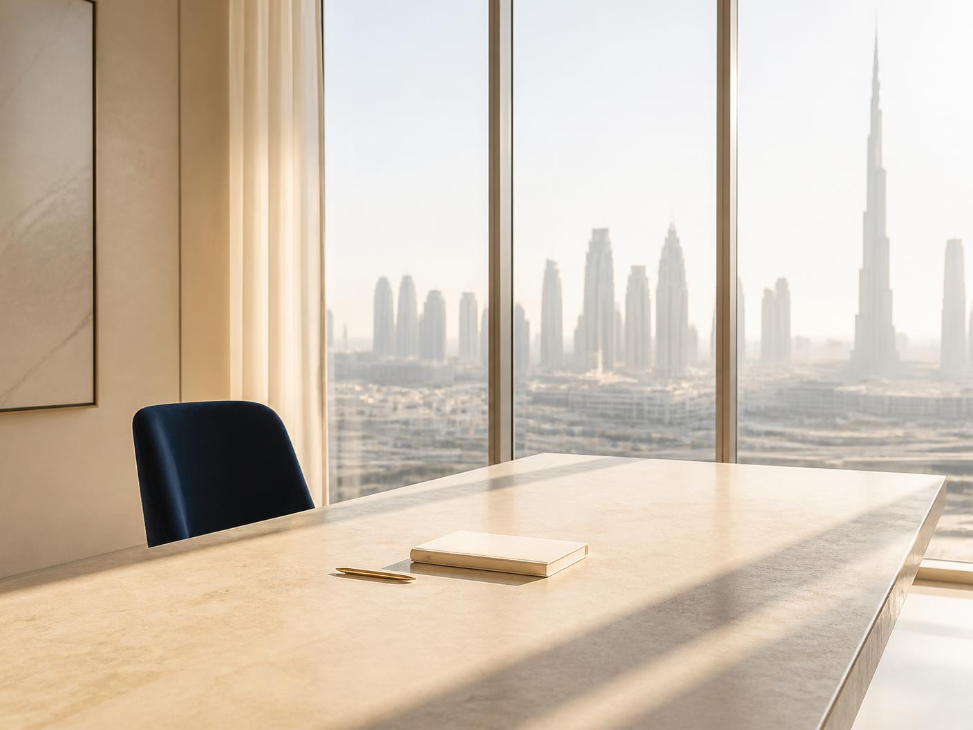 Boardroom of a private corporate advisory office in Dubai with pale oak table and brass detailing