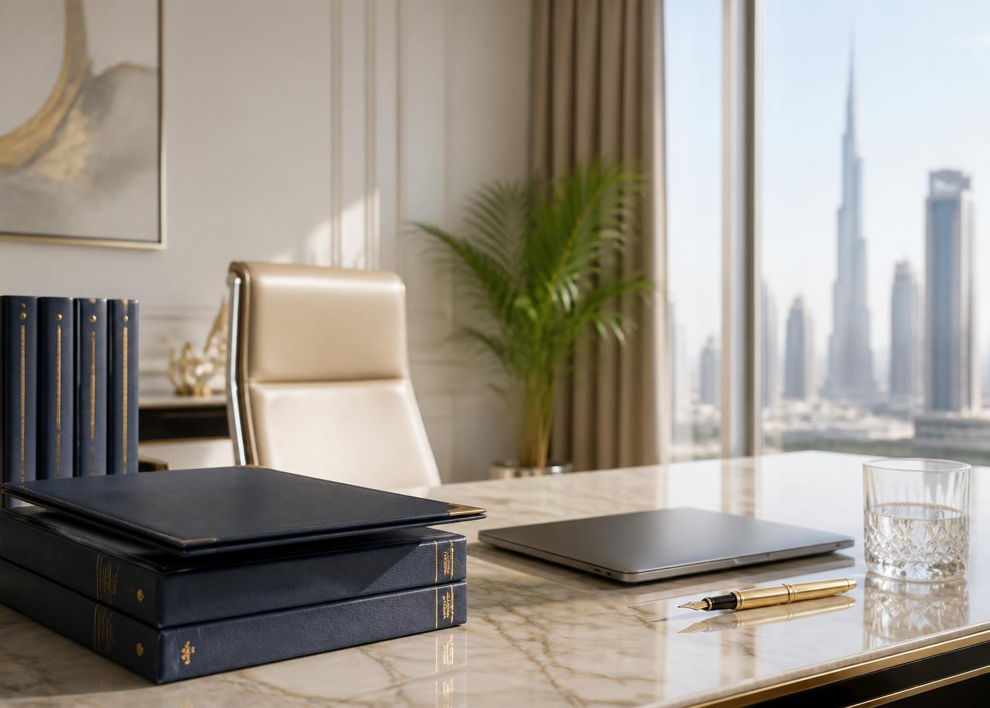 Accounting ledger, audit files and reading glasses on a stone desk