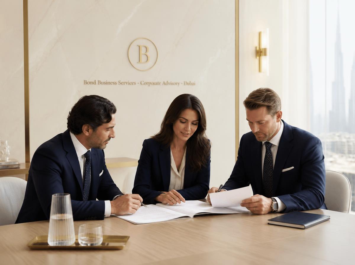 Bond advisers reviewing a client's incorporation file at the firm's Dubai office